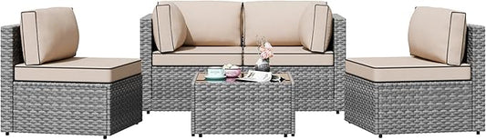 Patio Furniture Sets, 5 Piece Outdoor Sectional Sofas, Wicker Rattan Outdoor Furniture Patio Conversation Set, All-Weather PE Rattan Outdoor Couch for Backyard, Garden, Gray & Khaki