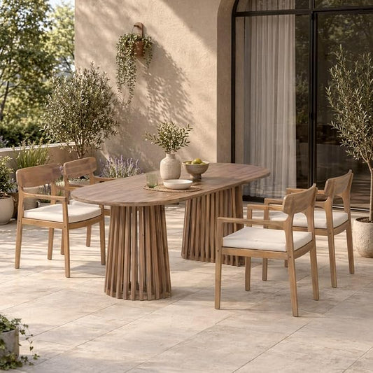 Christopher Knight Home Zoa Acacia Wood Dining Set for 4, Outdoor Dining Table with Dual Slatted Pedestal Bases, Outdoor Dining Chairs with Cushions, 5 Piece Patio Dinner Set, Beige/Light Teak/Brown