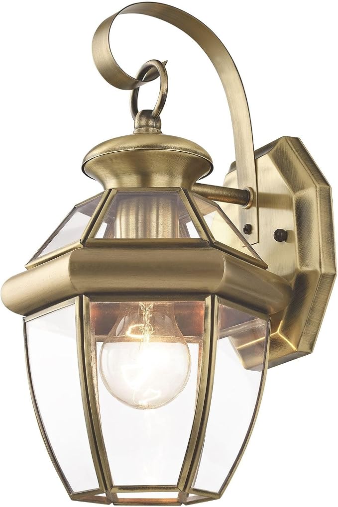 Livex Lighting 2051-01 Monterey 1 Light Outdoor Antique Brass Finish Solid Brass Wall Lantern with Clear Beveled Glass | Clear Beveled Glass; Solid brass construction