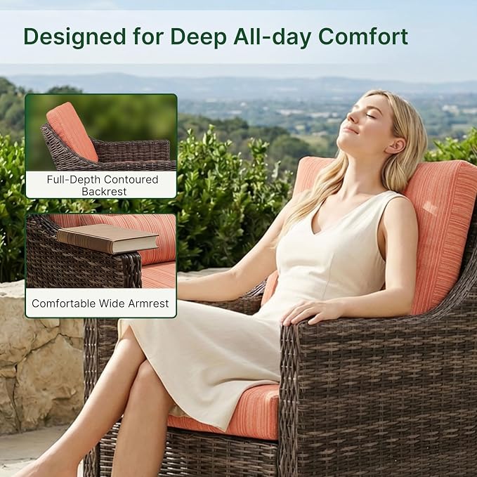 Wicker Patio Conversation Set, Outdoor Patio Furniture Set with Deep Seating, Wide Armrests & Thick Cushions, All-Weather Outdoor Furniture Set for Patio, Porch, Deck & Backyard