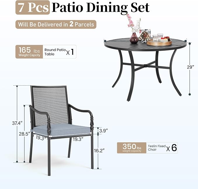 SUNSHINE VALLEY Patio Table and Chairs Set of 6, All-Weather Breathable Metal Mesh Patio Chair with Gourd-Shaped Armrests, 54x54 Round Table with Umbrella Hole, 7 Pcs Metal Frame Patio Dining Set
