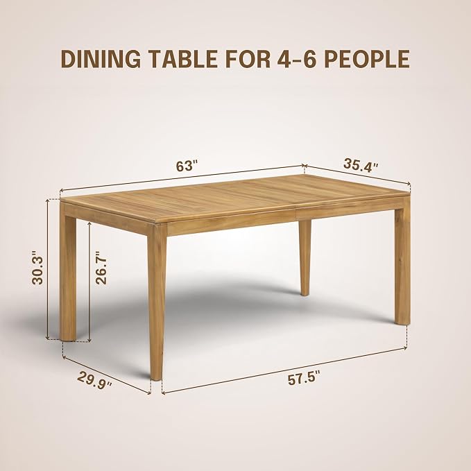 NTC Noma 63 Inch Solid Wood Dining Table, Seats 4-6, Indoor & Outdoor Rectangular Table, Weather Resistant Patio Dining Table for Backyard, Deck & Dining Room, Easy Assembly, Natural