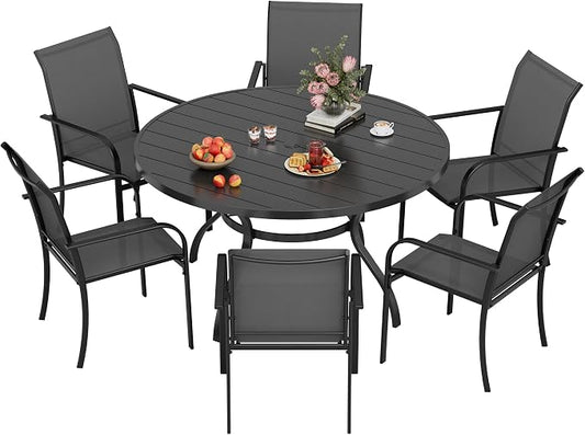 SUNCROWN 7 - Piece Outdoor Dining Set, Patio Furniture Set with 6 x Textilene Dinning Chairs and 53" Metal Round Table with Umbrella Hole for Lawn Garden Backyard Deck, Grey