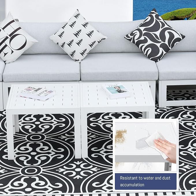 BULEXYARD 7 Seater Extra Large Modern Aluminum Outdoor Sofa with Lay Out Chair & Fire Pit Table, 500 lbs Durable Sectional Set for Heavy People, All Weather Comfy Patio Furniture Set for Garden, White