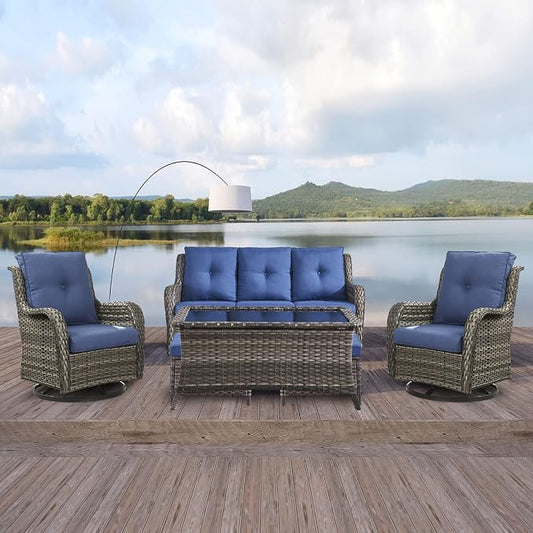 Rilyson 6 Piece Outdoor Patio Furniture Set - Rattan Wicker Patio Conversation Sets with 2 Swivel Rocker Chairs,2 Ottomans,1 Sofa and 1 Coffee Table for Outside Porch Deck Yard (Mixed Grey/Blue)