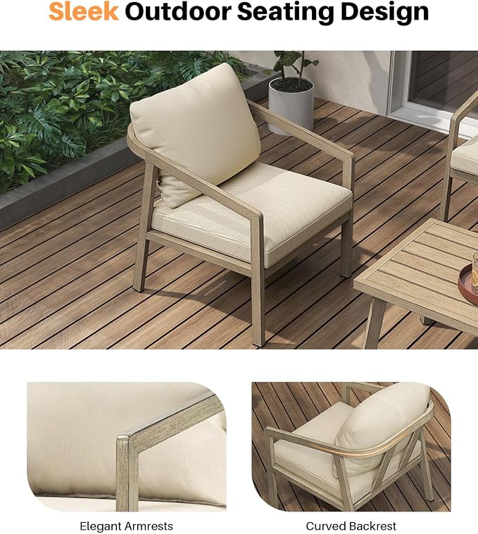 Patio Sofa Chairs Set of 2, Never-Rust Aluminum Outdoor Armchair with Thick Cushions, All Weather 2 Pieces Outdoor Club Chairs, Outdoor Sofa Chairs for Deck, Backyard, Porch, Gray Oak
