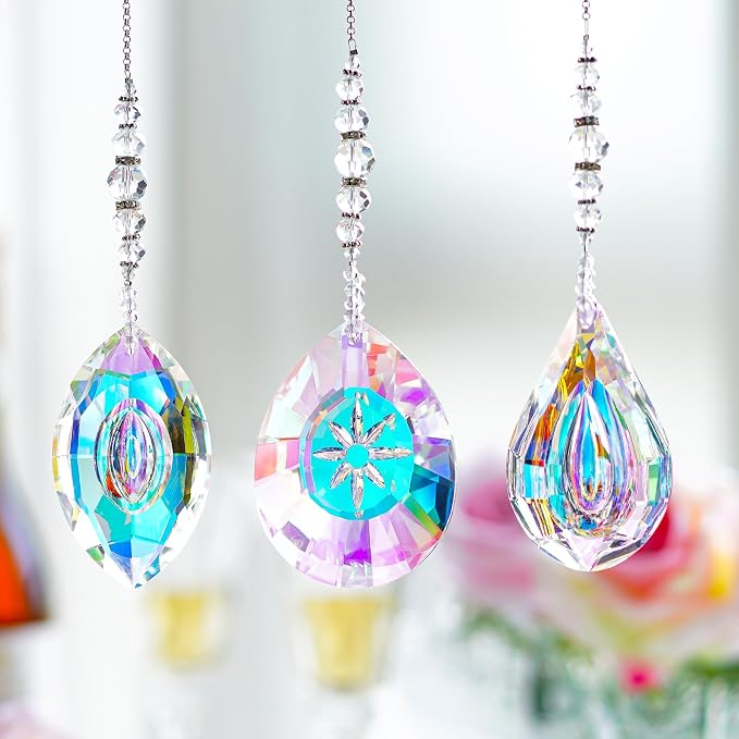 YU FENG 3PCS Crystal Prism Suncatcher, Window Hanging Rainbow Maker Set | AB Colored Glass Prisms, Faceted Crystal Design, Sun Catcher Decor for Home Garden Window, Creates Bright Rainbow Effects