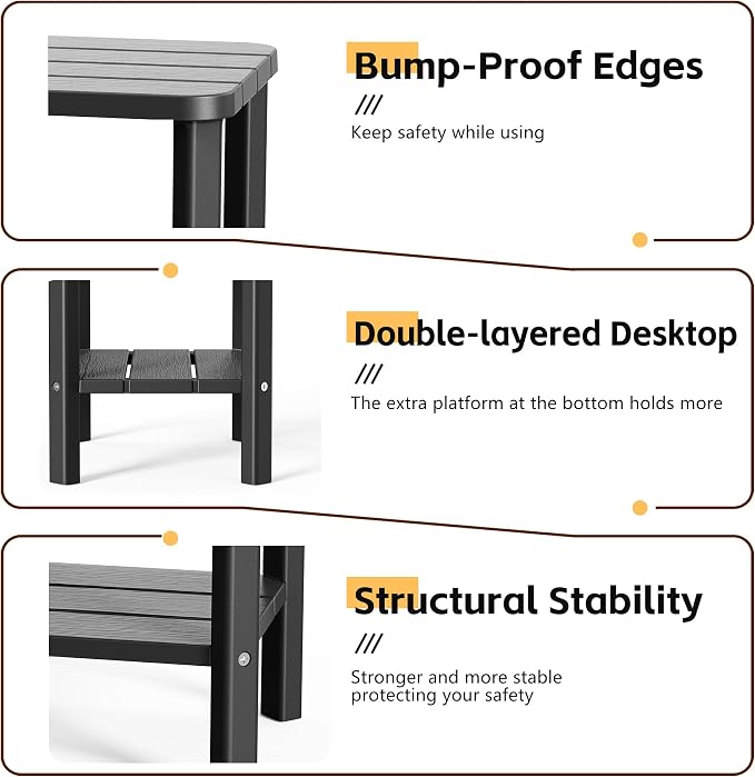 EasyUp Outdoor Side Table & End Table, 2-Tier Waterproof Resin Patio Table, Square End Table with Shelf for Porch, Balcony, Garden, All-Weather Black Outdoor Side Table for Lounge Chairs