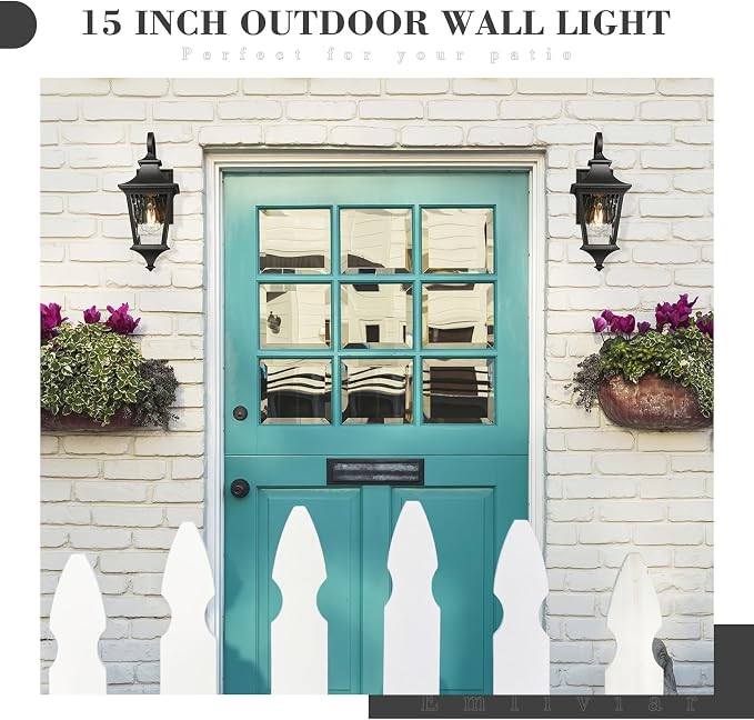 Emliviar 2-Pack Farmhouse Lantern Wall Sconces, 15" Wall Mount Outdoor Lights, Black Finish with Water Ripple Glass, XE292B-2PK-SW BK