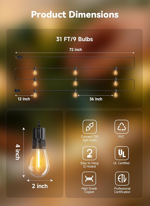 Minetom 31FT Outdoor String LED Patio Lights Waterproof,Shatterproof S14 Vintage Edison Bulbs,Commercial Grade Outside Hanging Lights Waterproof for Porch Deck Garden Backyard Balcony Cafe Bistro