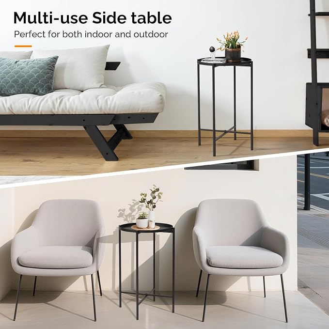 VINGLI Round Metal Side Table with Removable Tray, Outdoor Patio Coffee Table, Waterproof End Table for Small Spaces, Outdoor Patio, Living Room, Bedroom, Balcony (X-Brace & Non-Slip Pads) (1, Black)