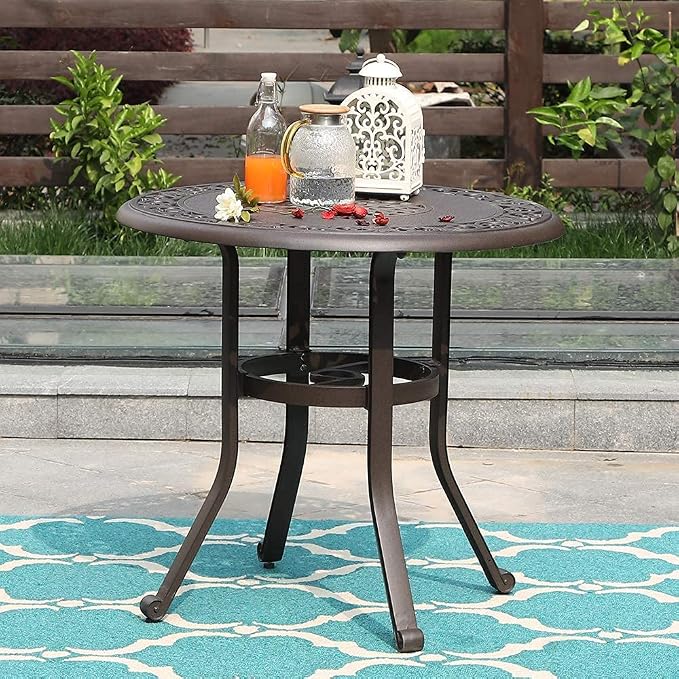 MFSTUDIO Cast Aluminum Patio Bistro Table, Small Patio Table with Umbrella Hole, Outdoor Round High Top Table, 32'' End Side Table for Lawn, Garden, Brown