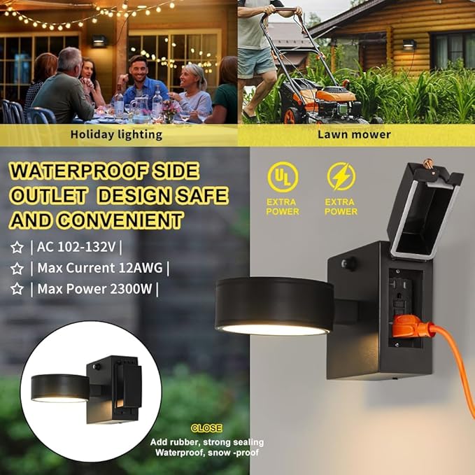 Porch Lights with GFCI Outlet, Dusk to Dawn Outdoor Wall Light with Outlet, LED Aluminum Exterior Light Fixture Waterproof, Outside Lights for House, Front, Door, Patio, Garage