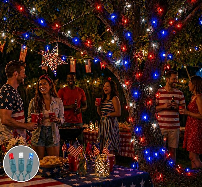 Novelty Lights 100 LED 50ft Red White Blue USA Patriotic String Lights
