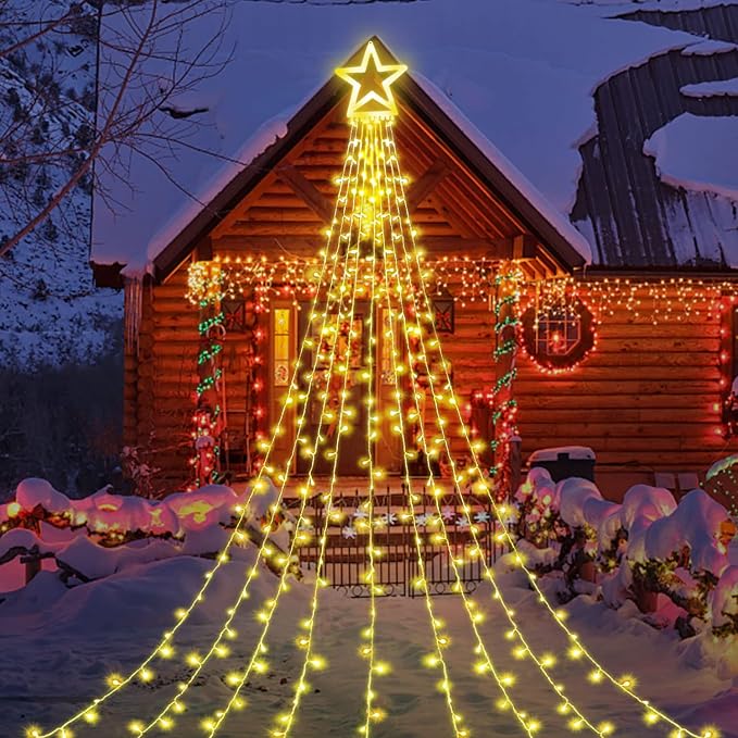 Christmas Lights, 320 LED String Lights with 12" Plastic Star Tree Topper, 8 Modes Outdoor Waterproof Christmas New Year Parties, Yard, Garden, Home Decor (Warmwhite)