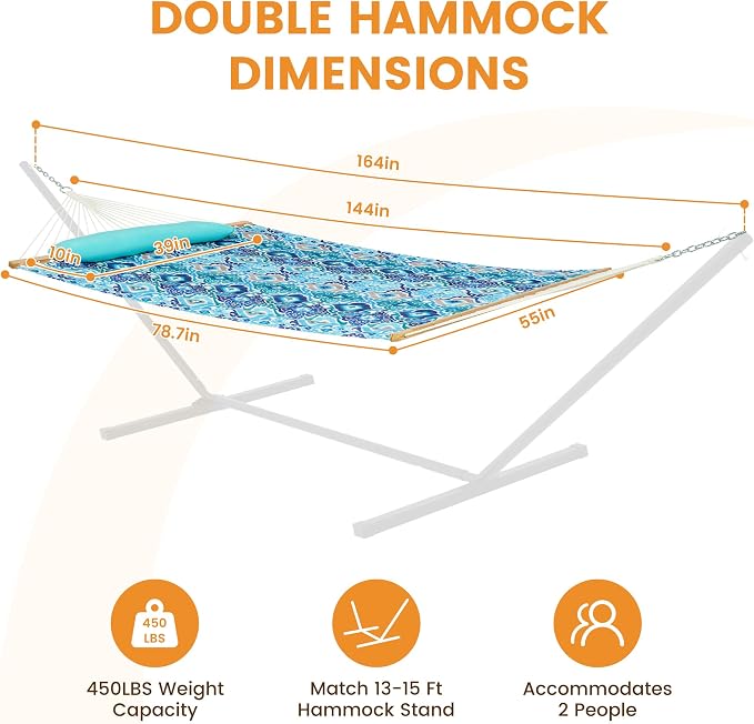Lazy Daze Hammocks 12FT Quilted Fabric Hammock with Soft Pillow, Double 2 Person Tree Hammock with Spreader Bar for Outdoor Outside Patio Garden Yard Pool Beach, 450lbs Capacity