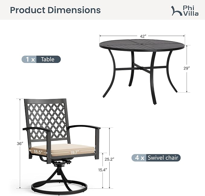 PHI VILLA 5 Pcs Outdoor Dining Set for 4&Round Metal Table | Table w/ Umbrella Hole & Swivel Wrought Iron Chairs w/h Cushions, Large Modern Furniture for Patio, Deck, Backyard, Porch