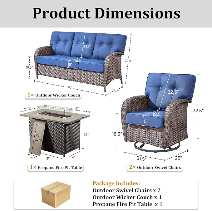 4-Piece Luxury Patio Furniture Set with Fire Pit Table, Weather Resistant Rattan High Back Swivel Rocker Chairs Senior Friendly Conversation Set for Small Porch Deck Sunroom Brown/Blue