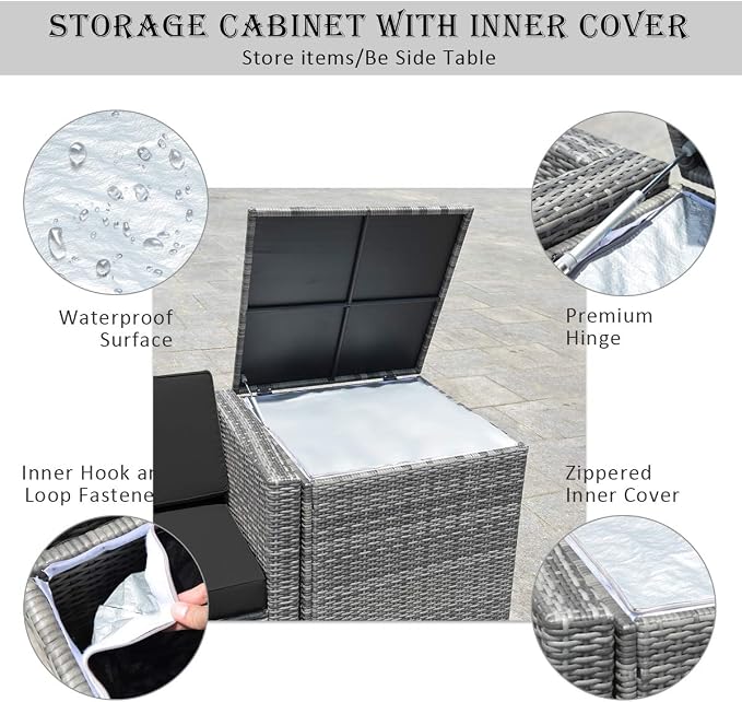 RELAX4LIFE 8-Piece Patio Furniture Set - PE Wicker Conversation Set w/Soft Cushions & Tempered Glass Storage Table, Outdoor Sectional Sofa Set for Garden, Poolside, Backyard (Black)