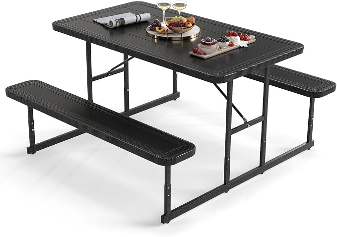 Byroce Outdoor Picnic Table for 4 Person, Rectangular Picnic Camping Table Set with Long Benches, Umbrella Hole & Metal Frame, Heavy Duty HDPE Dining Table Chairs for Patio, Yard & Poolside (Black)