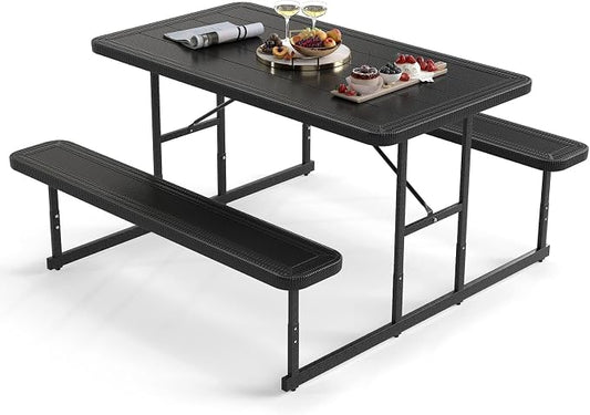 Byroce Outdoor Picnic Table for 4 Person, Rectangular Picnic Camping Table Set with Long Benches, Umbrella Hole & Metal Frame, Heavy Duty HDPE Dining Table Chairs for Patio, Yard & Poolside (Black)