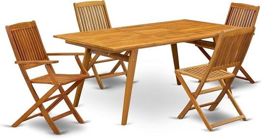 East West Furniture DECM52CANA 5 Piece Patio Bistro Dining Set Includes a Rectangle Outdoor Acacia Wood Table and 2 Folding Arm Chairs with 2 Side Chairs, 40x72 Inch, Natural Oil