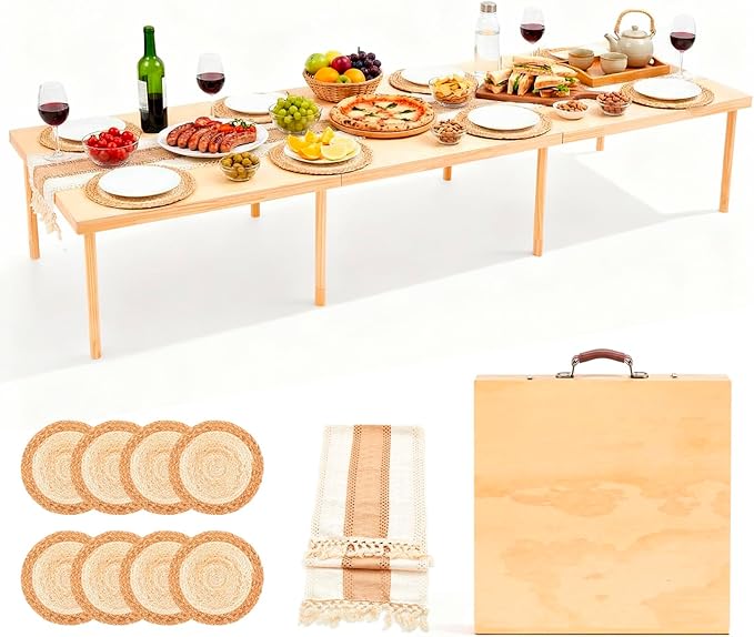 Novabright 90" x 30" Folding Boho Picnic Table with Woven Placemats and Table Runner Portable Low Picnic Floor Desk with Adjustable Legs for Beach, Wedding, Camping, 12 People, Tri-fold Style