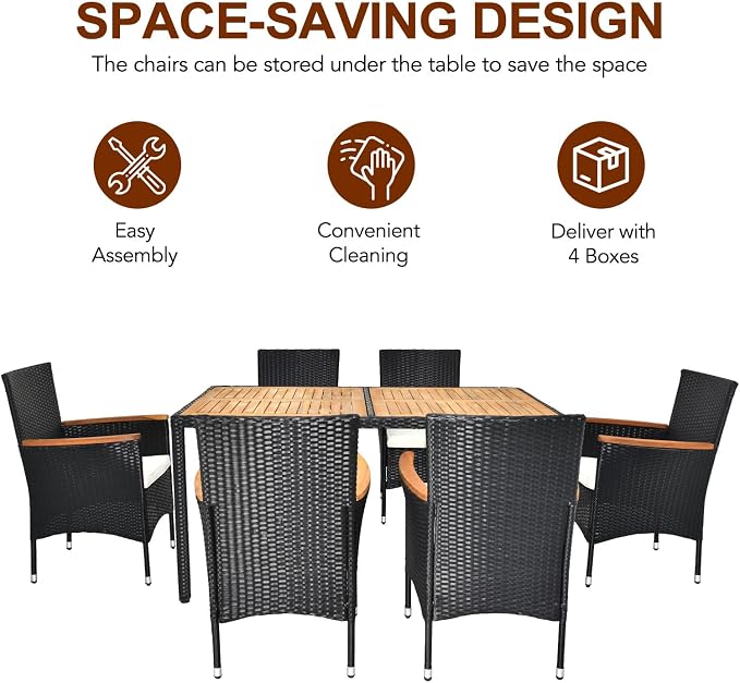 VINGLI 7 Pieces Patio Dining Set, Wicker Outdoor Dining Set for 6 Patio Furniture Set with Acacia Wood Table Outdoor Table and Chairs for Garden and Yard
