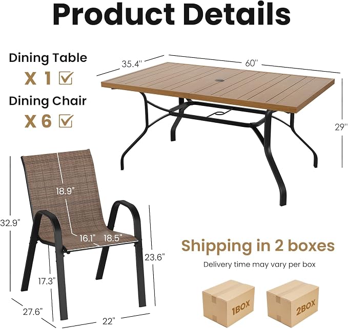 Soohow Outdoor Dining Set for 6, Outdoor Patio Dining Set 6 x Stackable Chairs & 1 x Wood-Like Outdoor Table with Umbrella Hole, All-Weather Patio Table and Chairs for Poolside, Backyard and Porch