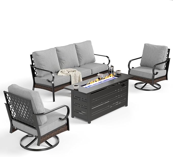 SUNSHINE VALLEY 4 Piece Black Metal Outdoor Patio Furniture Sets with Firepit Table, Patio Conversation Sets 1 3-Seater Sofa, 2 Swivel Sofa with 5.75" Cushion Backyard Furniture for Deck, Light Gray