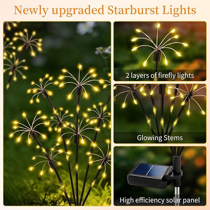 Solar Garden Lights Outdoor, 2 Pack 2-Layer Swaying Fairy Firework Lights | Waterproof Starburst Flower Light, Garden Decor for Yard Patio Pathway Lawn, Gardening Gifts for Women Mom Grandma Christmas