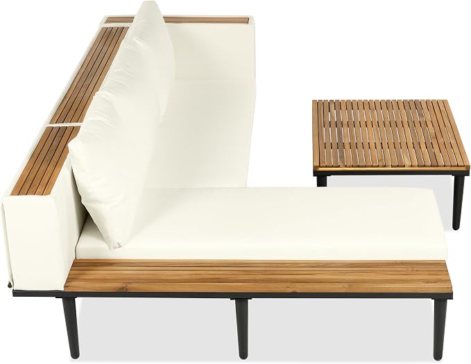 JIVOIT Acacia Wood Patio Furniture Set, Luxury Outdoor Conversation Sectional Sofa with Removable Cushions and Coffee Table, Side Table, L-Shaped Sofa Set for Backyard, Porch (Beige/17)