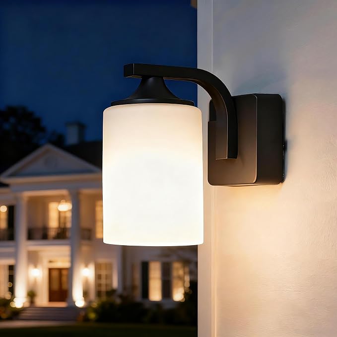 Outdoor Wall Lamp, Waterproof and Anti-Rust Aluminium Modern wall Light Fixture Milk Glass Indoor for Outside,Garden, Matt Black