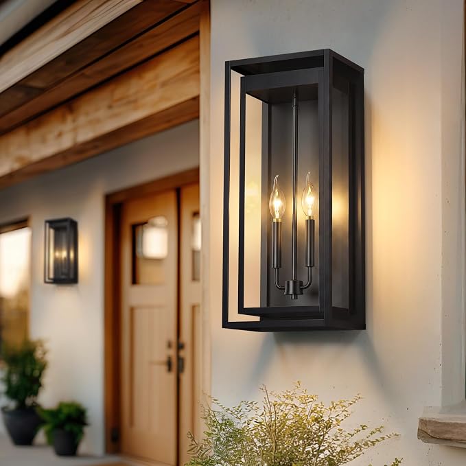 24" Outdoor Wall Lights, 2 Pack Large Size Matte Black Outdoor Sconce Lights with Clear Glass Shade, Waterproof Porch Lighting Exterior Light Fixture for Front Door, Garage