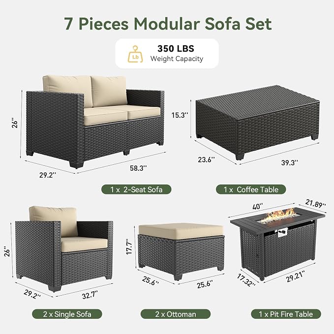 Aoxun Patio Furniture Set with Fire Pit Table, 6 Seats Piece Outdoor Furniture Set with Wicker Ottomans, Rattan Outdoor Sectional Sofa with Storage Table & Waterproof Cover Beige