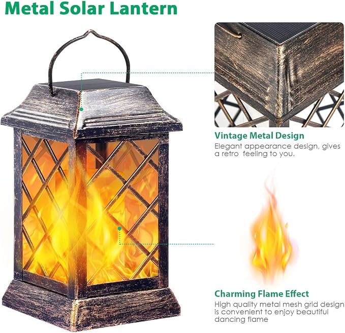 TomCare Flickering Flame Solar Lights Outdoor Metal Hanging Lantern, 2 Pack | Realistic Flame Effect, Charges in 6-8 Hours, 10-12-Hour Runtime, IP65 Waterproof, Auto On/Off for Patio, Garden and Porch