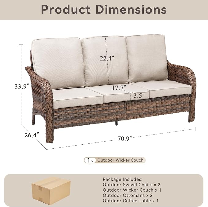 Luxury Outdoor Patio Furniture Set-Wicker High Backrest 3-Seat Patio Sofa with Comfy 6" Cushion, Rattan Couch with Deep Seat All-Weather Patio Conversation Set for Deck Backyard Garden(Gray/Beige)