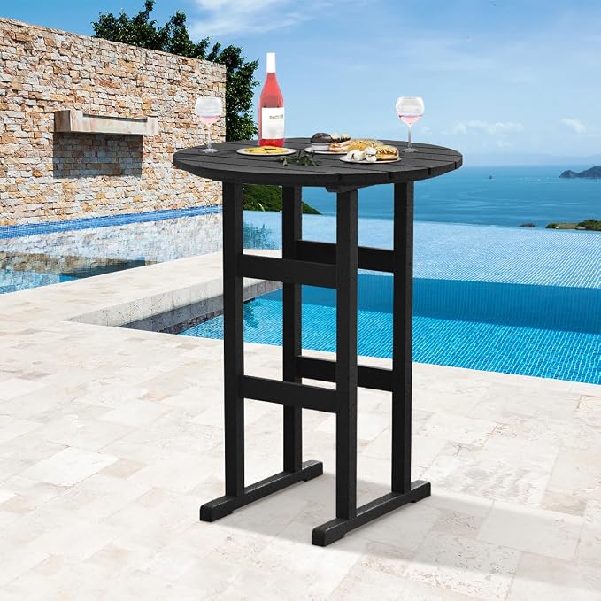 Sundale Outdoor Adirondack Round Bar Table, 39 Inch Height Patio Large Pub Table for 4, All Weather HDPE High Top Bistro Counter Table for Outside Deck Porch Balcony Poolside, Black