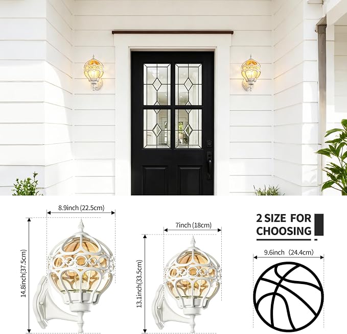 2 Pack White Globe Outdoor Wall Lights, Round Exterior Wall Sconce for Patio, Porch, Entryway, Anti-Rust Aluminum Wall Mount Lighting Fixture, Outside Wall Lantern with Amber Glass & Ornate Cage