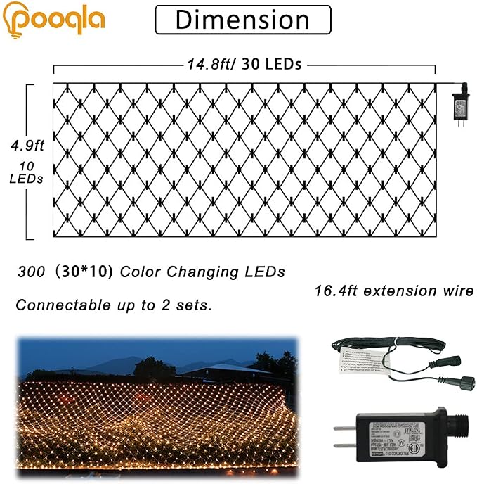 Pooqla Warm White Net Lights, 15x 5ft Christmas Lights Outdoor Green Wire | 300 LED Large Net Mesh Lights Plug in, 8 Modes Waterproof Connectable Bushes Lights for Christmas Hedge Yard Decor