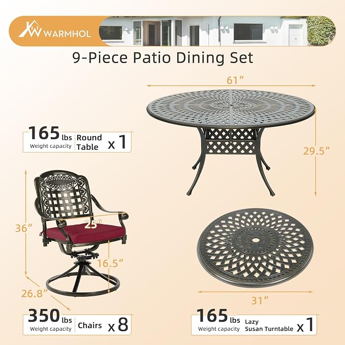 9-Piece Patio Furniture Dining Set, Cast Aluminum Outdoor Conversation Set- 61" Round Patio Dining Table with Detachable Lazy Susan & 8 Cushioned Swivel Rocker, Umbrella Hole, Chili Red