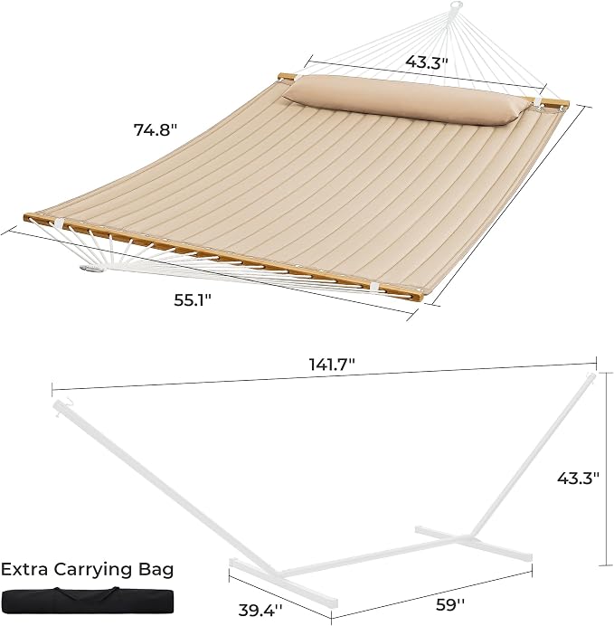 SUPERJARE Hammock with Stand, 2 Person Quilted Outdoor Hammock, Detachable Pillow & Bamboo Spreaders, Portable Hammock with Carrying Bag, Heavy Duty Stand, Perfect for Outside, Patio, Beige