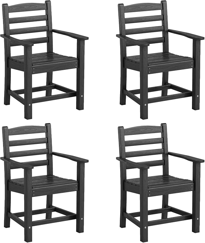 Tangkula Patio Dining Chairs Set of 4, HDPE All Weather Outdoor Chair w/Wide Armrests, Curved Seat, Wood Grain, Plastic Porch Chair for Backyard, Garden, Front Porch, Poolside (Black, 4 Chairs)
