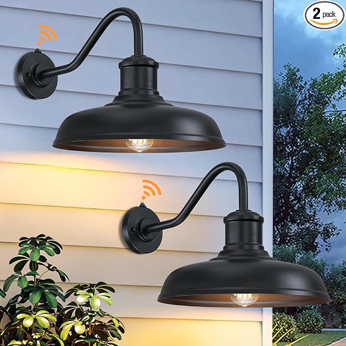 13.8'' Diameter Large Dusk to Dawn Outdoor Gooseneck Barn Light, 2 Packs | Outdoor Wall Sconce Farmhouse Exterior Lighting Fixture Industrial Outside Lantern for Porch, Patio, Garage, Black