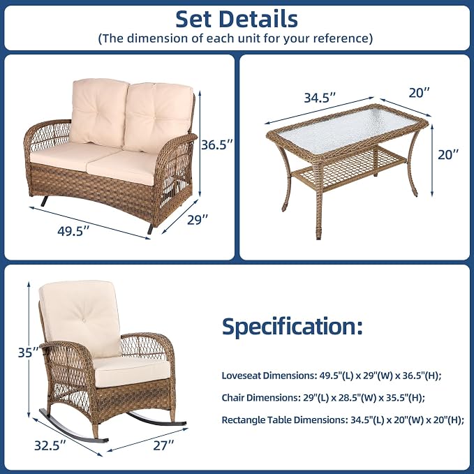 4-Piece Wicker Patio Furniture Sets Outdoor All-Weather Rattan Conversation Set Includes Glider Loveseat, Glass-Top Coffee Table, 2 Rocking Chairs with Thickened Cushions, Light Brown