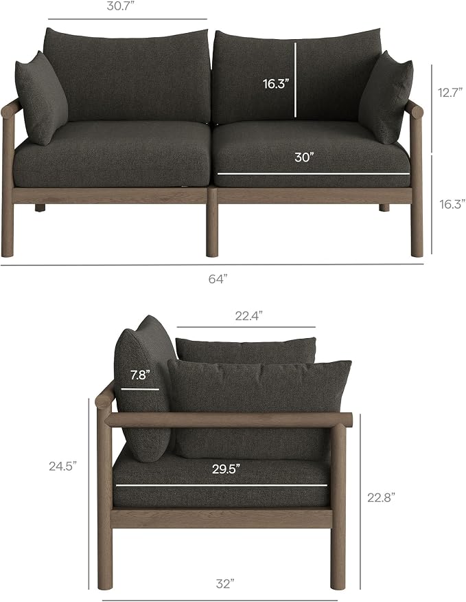 Modway Eleni 5-Piece Outdoor Teak Wood Patio Furniture Set in Weathered Gray Flint – Backyard Conversation Set with Loveseat, 2 Armchairs, Side Table, and Coffee Table
