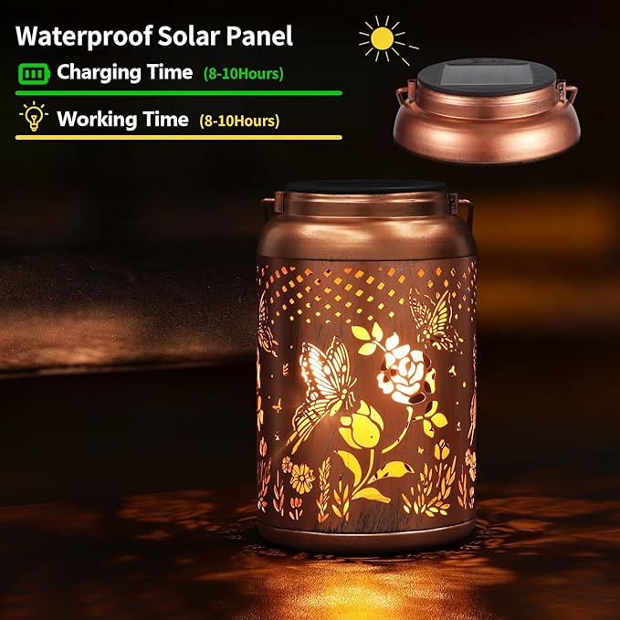 Rose Butterfly Decoration Solar Lanterns Outdoor Waterproof Garden Decor Gifts for Women Mon Grandma Metal Hanging Solar Lights for Outside LED Lanterns for Yard, Patio | Metal Hanging Solar Lights Birthday Gifts for Grandma Mom Solar Decoration Outsid...