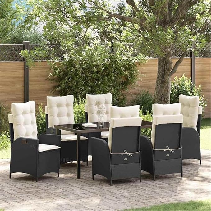 Afuera Living 7-Piece Poly Rattan Patio Dining Set with Cushions, Black Finish, Sleek Glass Tabletop, Modern Outdoor Furniture, Durable Steel Frame, Seating for 6, Garden or Backyard Use