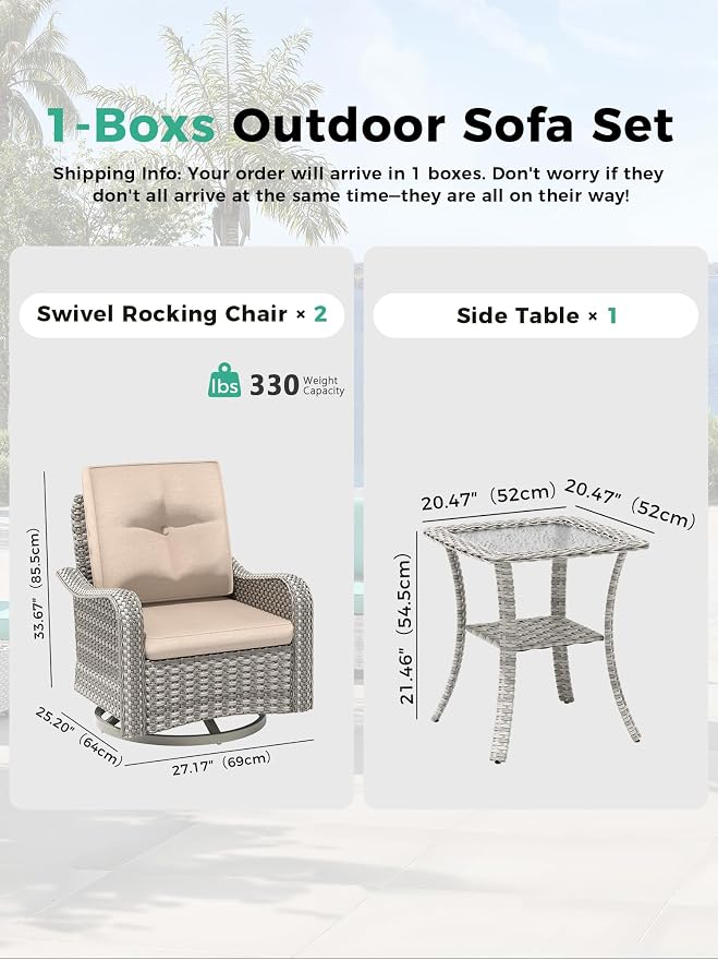 3 Piece Outdoor Wicker Patio Furniture Set,High Back Swivel Rocker Patio Chairs with 4" Thickened Cushions & Side Table, All-Weather PE Rattan for Garden, Backyard, Porch, Beige