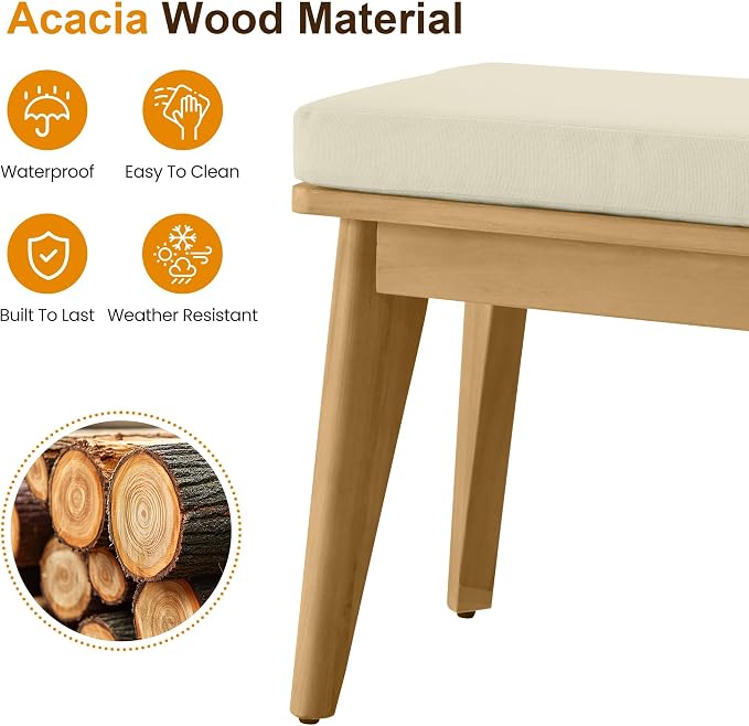 FansaFurn 3-Piece Acacia Patio Table and Chairs Set for All-Weather | Outside Furniture with Table Umbrella Hole and Removable Cushion, Backyard Furniture with Outdoor Bench for Garden Lawn